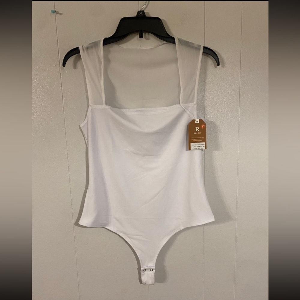 REORIA Women’s Sexy Square Neck Mesh Sheer Double Lined Thong Bodysuit NWT L - Picture 5 of 9